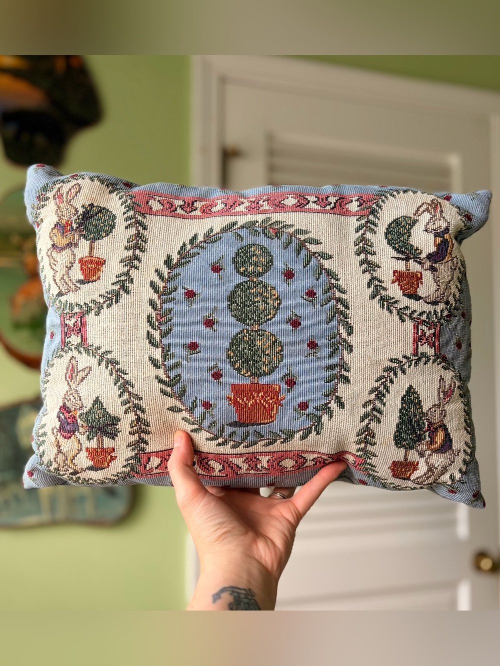 Vintage Bunny Whimsy Cottage Decorative Throw Pillow - Floral